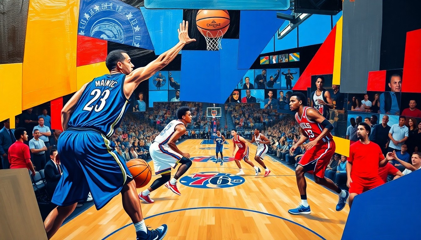 A cubist, geometric painting depicting a basketball game in motion, with fragmented, overlapping shapes and planes of blue, white, red, and blue representing the players and action on the court.