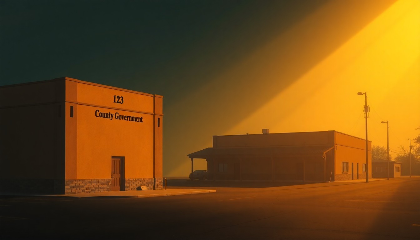 A realistic painting depicting the exterior of a county government building or public works facility, with the structure bathed in warm, golden sunlight and deep shadows, conveying a sense of quiet contemplation about the role of local government in maintaining public infrastructure.