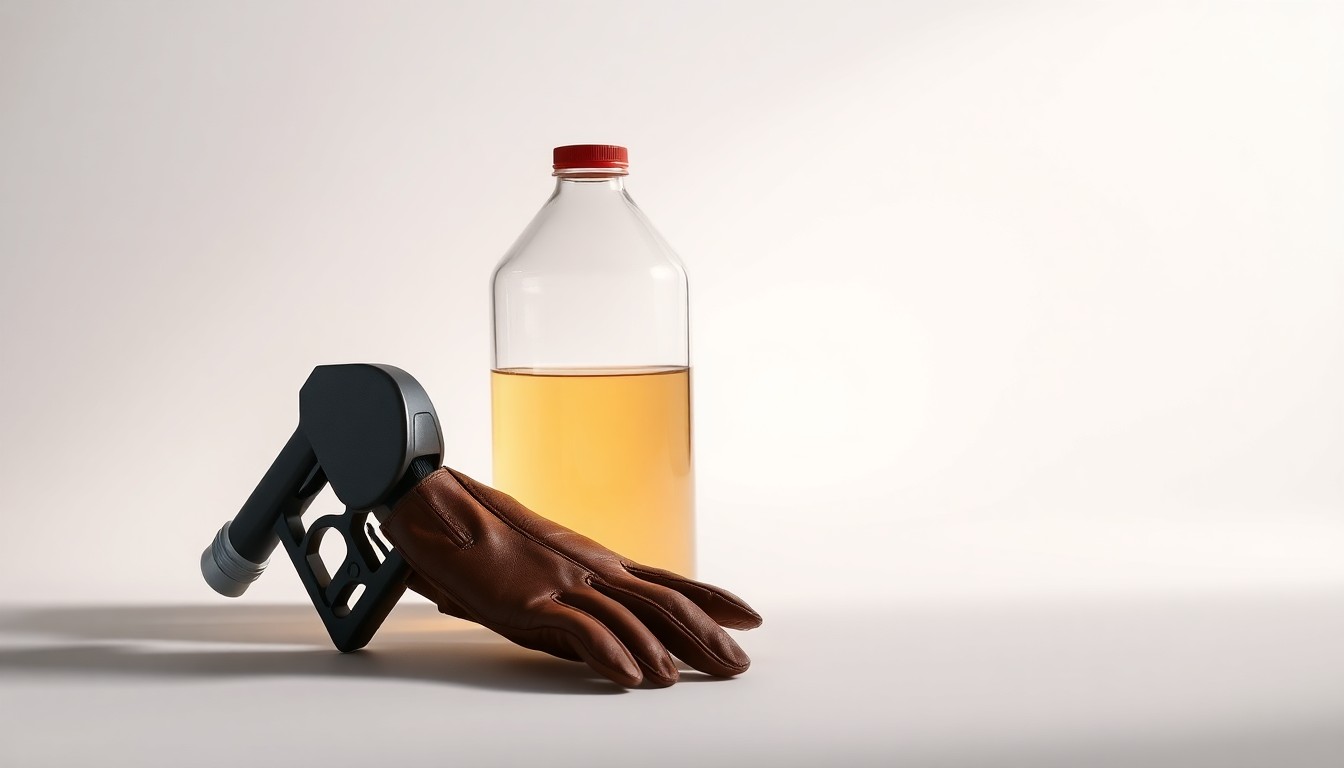 A photorealistic studio still life featuring a glass fuel canister, a metal fuel pump nozzle, and a leather driving glove arranged on a clean, monochromatic background, conceptually representing the abstract ideas of fuel supply and consumer demand.