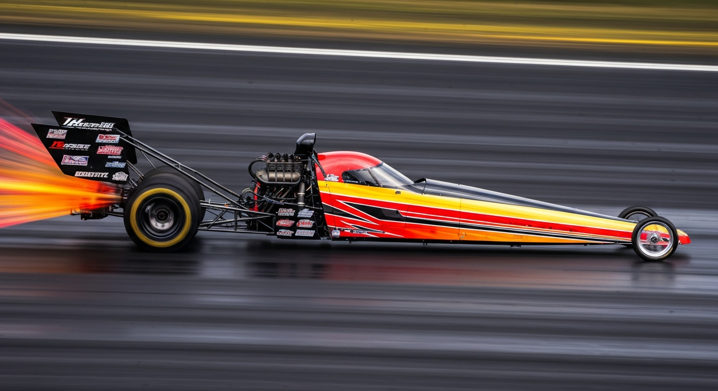 An abstract, high-speed image of a dragster in motion, its body blurred into vibrant streaks of color, capturing the raw power and excitement of professional drag racing.