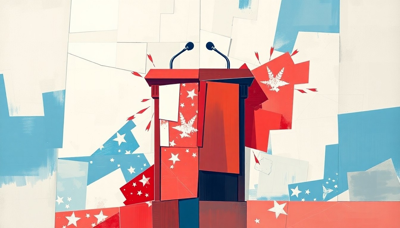 A dynamic, fragmented painting in bold colors depicting a podium or lectern, symbolizing the political tensions surrounding Kennedy's MAHA movement and its conflicting priorities with the Republican establishment.