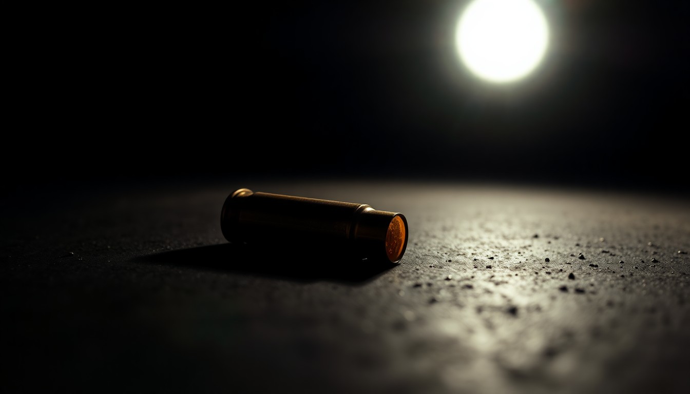An extreme close-up photograph of a single spent shell casing on a dark, shadowy surface, lit by a harsh, direct camera flash, conceptually representing the aftermath of gun violence.