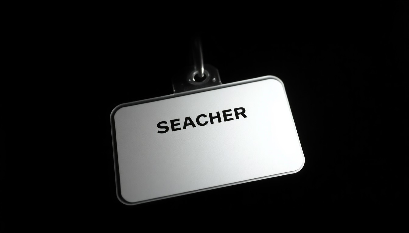 An extreme close-up photograph of a small object related to the teacher's role, such as an ID badge, dramatically lit by a harsh camera flash against a pitch-black background, conceptually representing the stark, gritty investigation into the alleged misconduct.