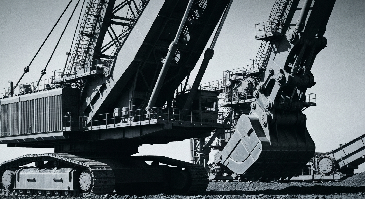 An extreme close-up of rugged, industrial mining equipment and machinery, conveying the physical scale and power of the global mining sector without using any text or identifiable branding.