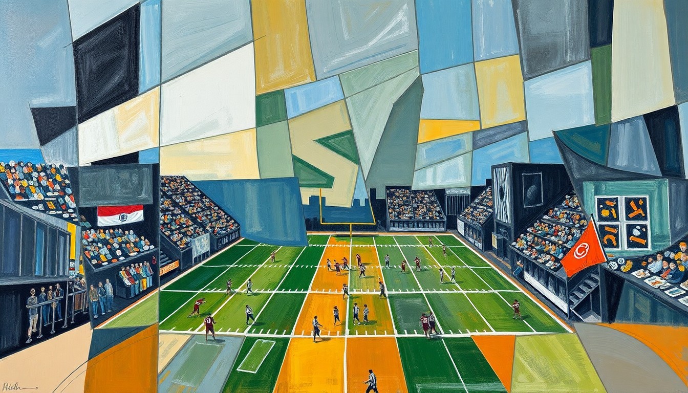 A cubist, geometric painting depicting a high school football game, with the players and field broken down into sharp, overlapping planes of color and shape, conveying the fragmented nature of the private-only playoff system.