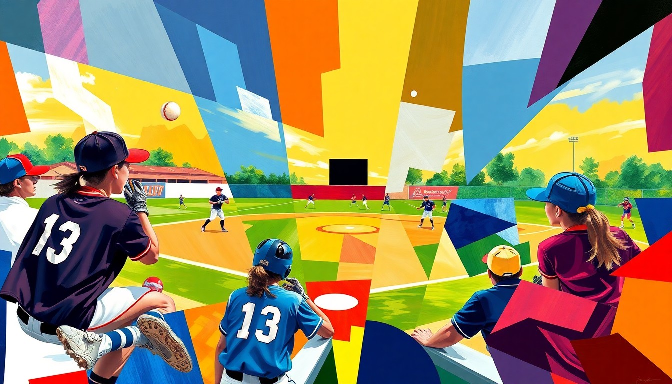 A fragmented, geometric painting depicting the motion and energy of a high school softball game, with overlapping planes of bright team colors and athletic equipment.