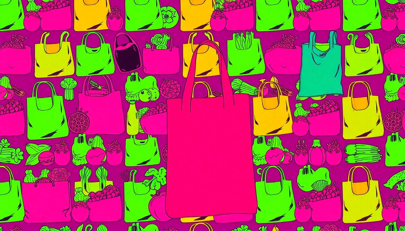 A brightly colored, high-contrast silkscreen print of a reusable grocery bag, repeated in a tight grid pattern in the style of Andy Warhol, conceptually representing the iconic products and community-driven values of a long-standing natural foods cooperative.