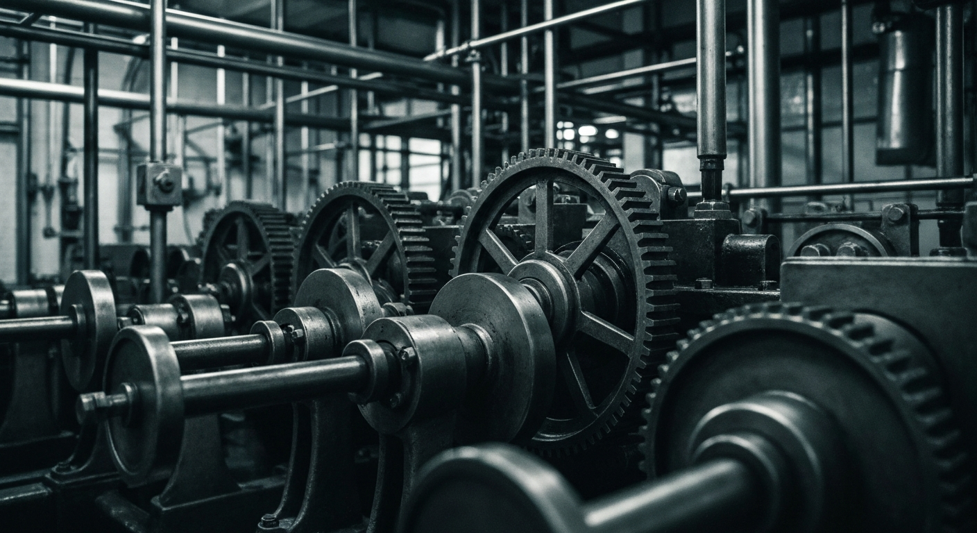 An extreme close-up of the complex, interlocking gears and machinery inside a vintage Coca-Cola bottling plant, captured in high-contrast black and white to evoke the industrial might and precision behind the brand's global distribution.