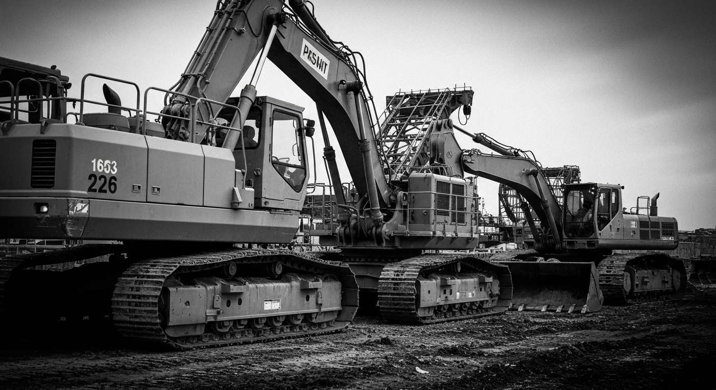 A high-contrast, close-up image of heavy industrial machinery and equipment used in construction and infrastructure projects, conveying the scale and power of Quanta Services' operations.