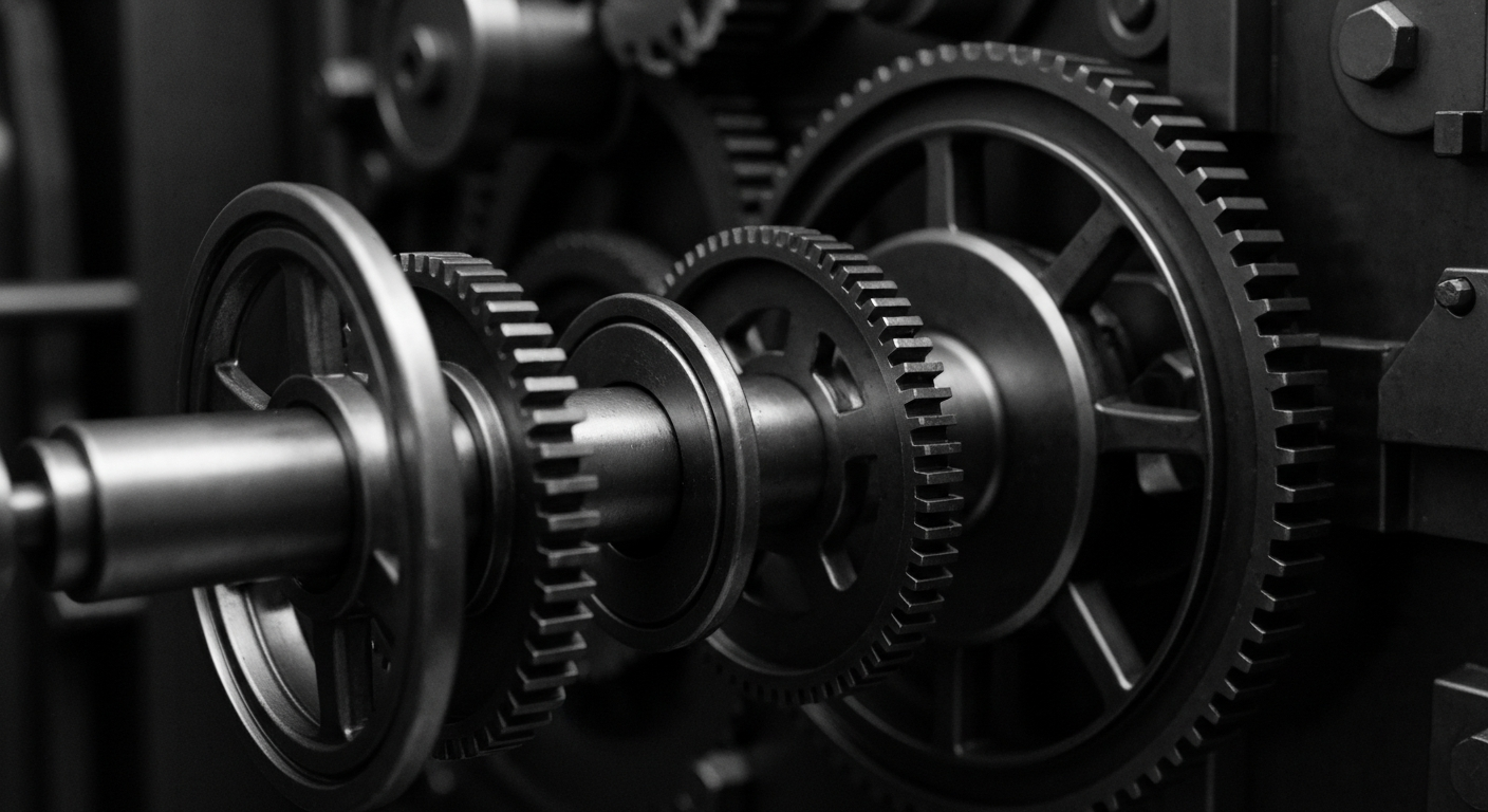 A high-contrast black and white close-up of the heavy, industrial machinery and gears that make up the inner workings of a bank vault, representing the complex financial systems that support major consumer goods companies.