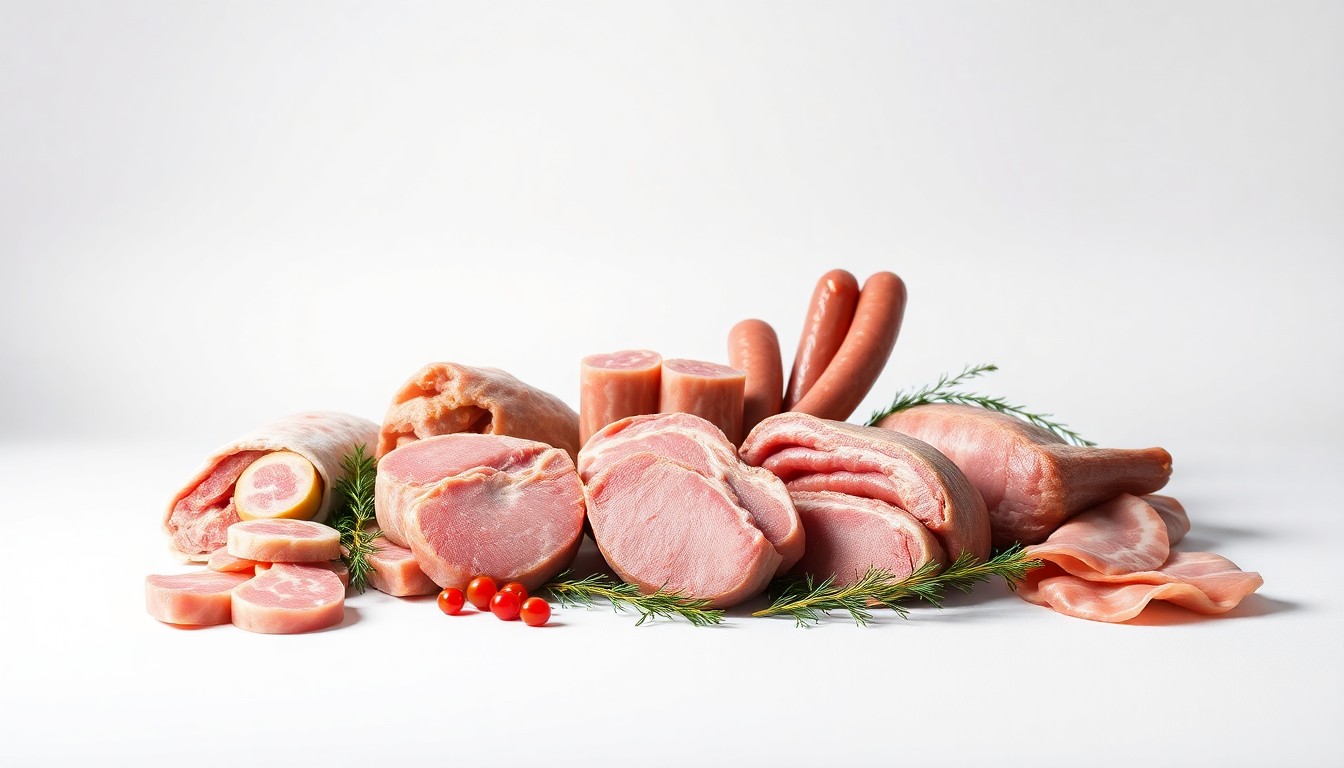 A high-end, photorealistic studio still-life photograph featuring an elegant arrangement of premium pork products, such as chops, sausages, and bacon, displayed on a clean, monochromatic background with sharp, dramatic lighting and deep shadows, conceptually representing the strategic importance of the pork industry and its role in global markets.