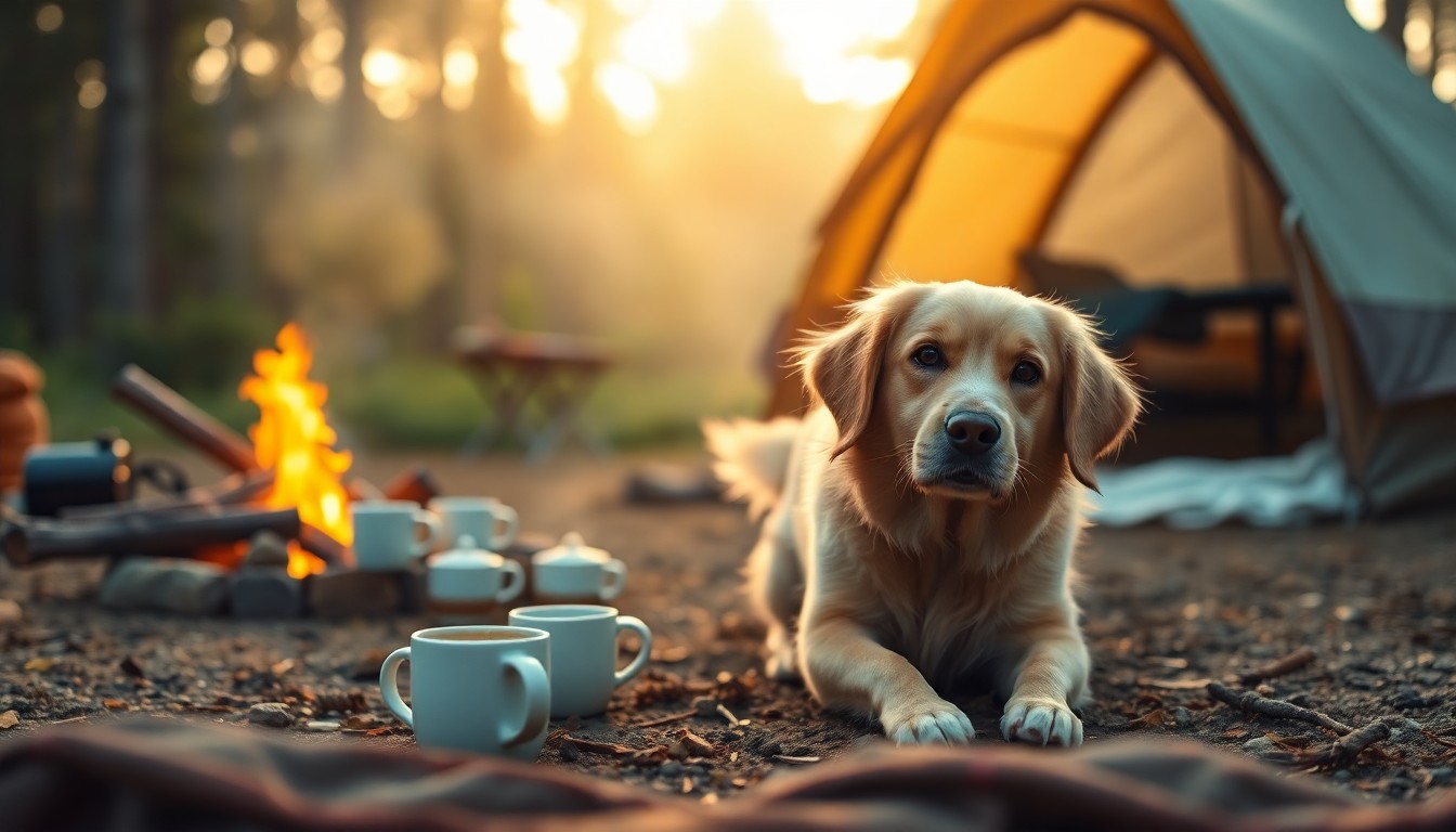 An extremely abstracted, out-of-focus photograph of a golden retriever playing in a campsite, with a campfire, coffee mugs, and breakfast items in the background, all bathed in warm, hazy light, creating a dreamlike, intimate atmosphere.