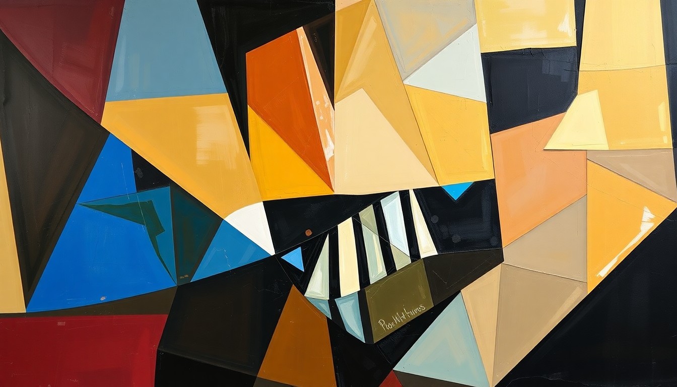 A fractured, geometric painting depicting the disruption of a basketball game due to a referee injury, with sharp, overlapping planes representing the chaotic pause in play.