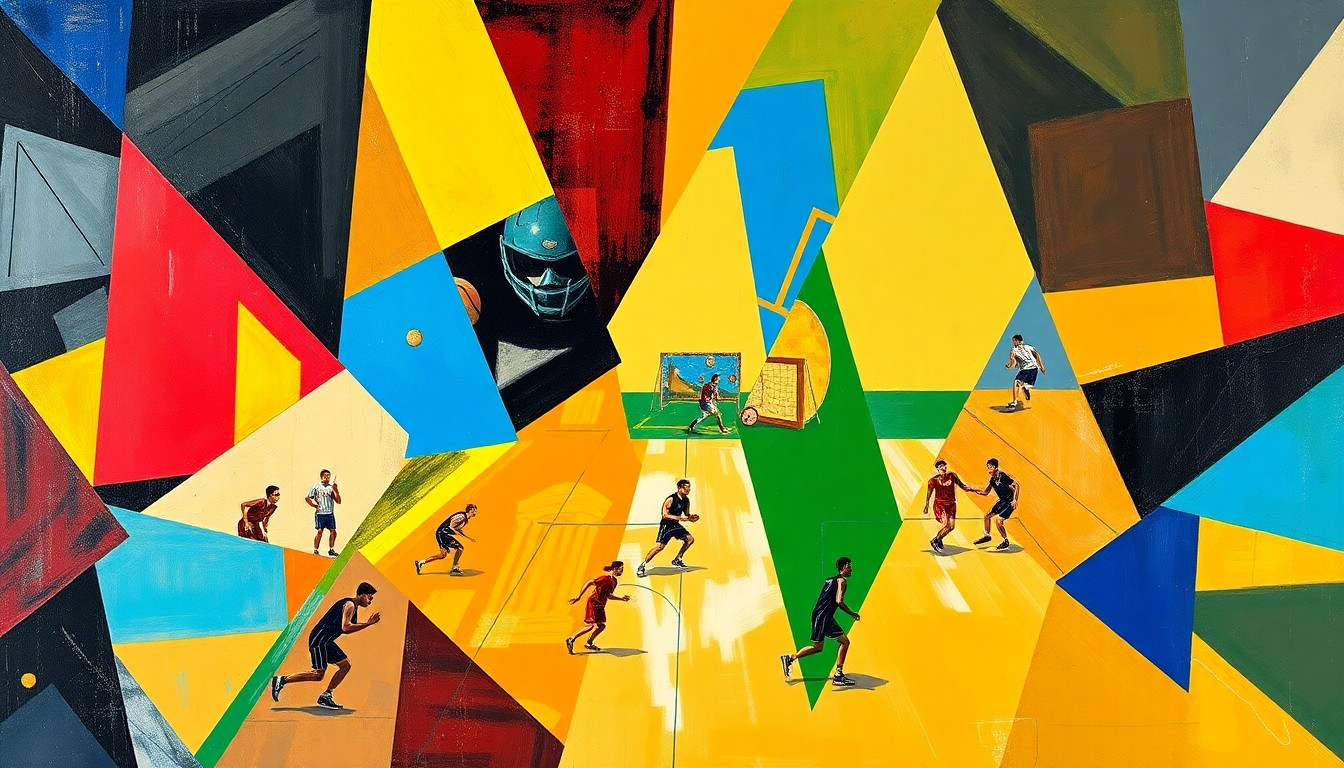 A fragmented, geometric painting depicting various high school sports actions and competitions, with the vibrant colors of the local teams' uniforms creating a dynamic, abstract composition.