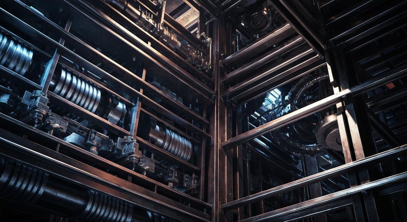 An extreme close-up of industrial machinery and gears, representing the complex financial infrastructure and institutional investment management behind the cardiac monitoring technology industry.