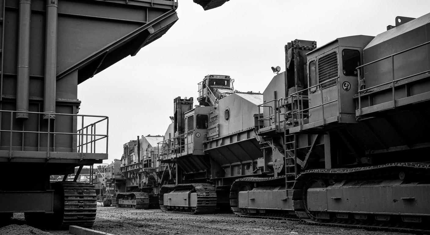 A high-contrast, black-and-white close-up image of heavy industrial machinery and equipment used in the production of construction materials, conveying a sense of strength, durability, and the physical scale of the manufacturing process behind Simpson's products.