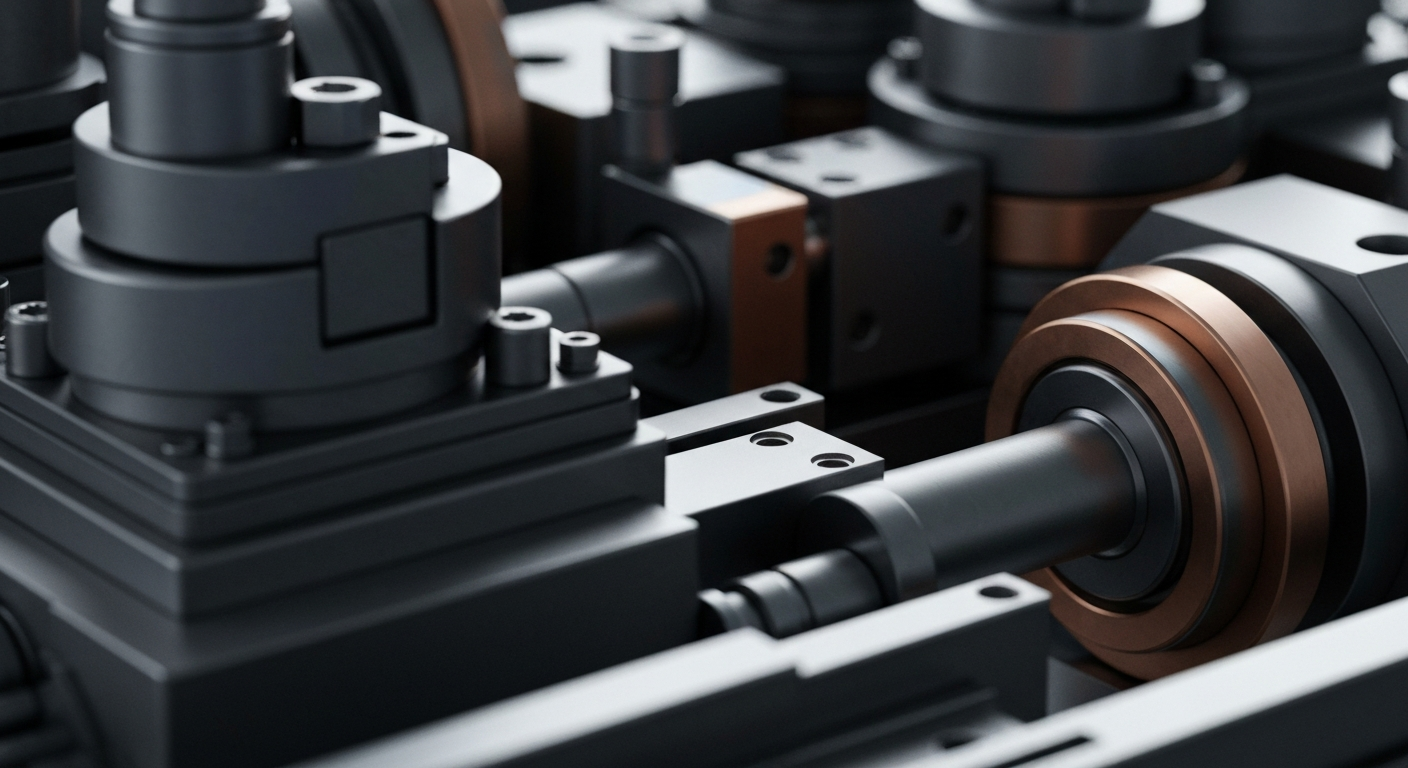 An extreme close-up of highly detailed, textured industrial machinery and components in shades of steel grey, copper, and black, conveying the complex engineering and technology behind Teledyne's scientific instruments.