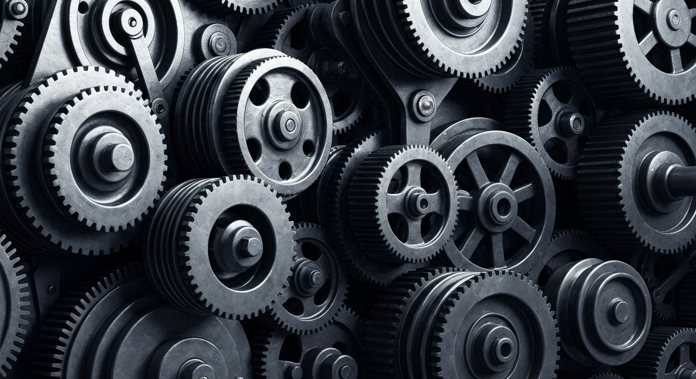 An extreme close-up of interlocking industrial gears and machinery in muted greys, blues, and blacks, conceptually representing the financial power and institutional investment behind a leading outdoor apparel brand.
