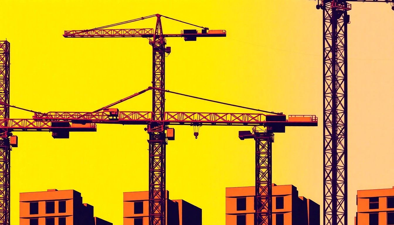 A high-contrast, silkscreen-style illustration featuring a repeated pattern of a construction crane or high-rise building in a grid of neon colors, capturing the energy and transformation of the Coconut Point area.