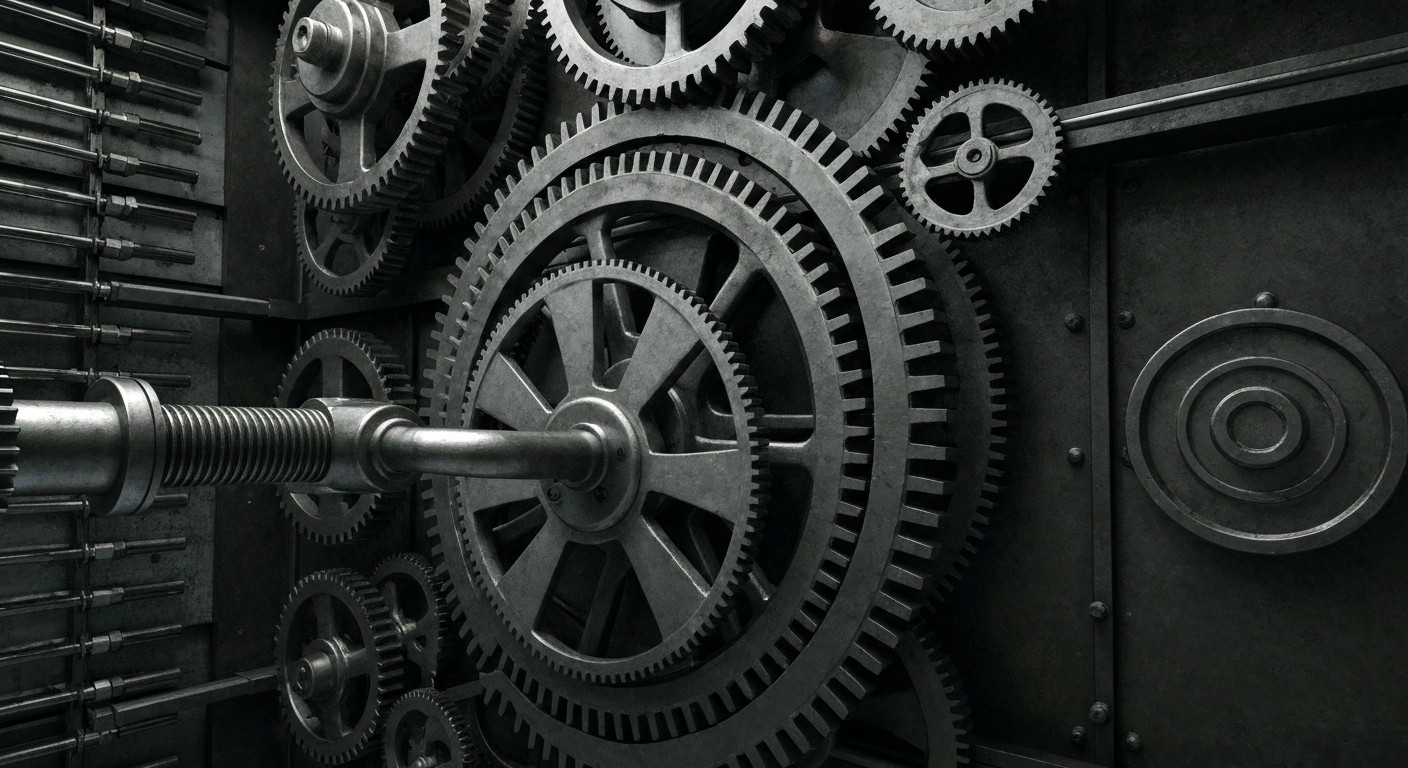 An extreme close-up of intricately engineered metal components from a large industrial banking vault, dramatically lit to represent the complex financial infrastructure behind institutional investments.