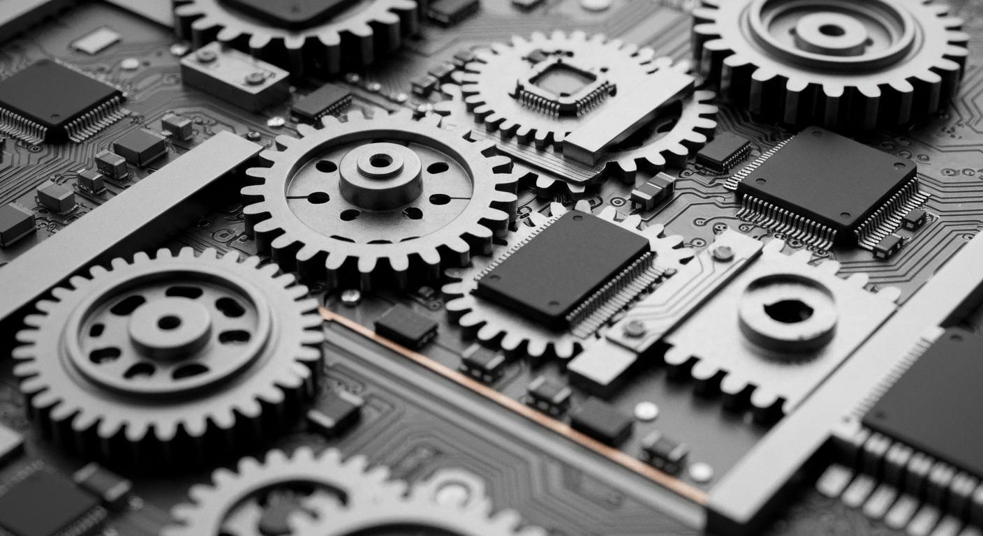 An extreme close-up photograph of complex, interlocking mechanical and electronic components in shades of gray, copper, and black, conceptually representing the sophisticated financial infrastructure and digital technology powering Mastech Digital's services.