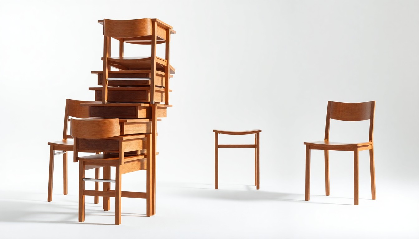 A high-end, photorealistic studio still-life photograph featuring a stack of polished wooden school desks and chairs arranged elegantly on a clean, monochromatic background, conveying the abstract concepts of education, institutional furniture, and corporate strategy.