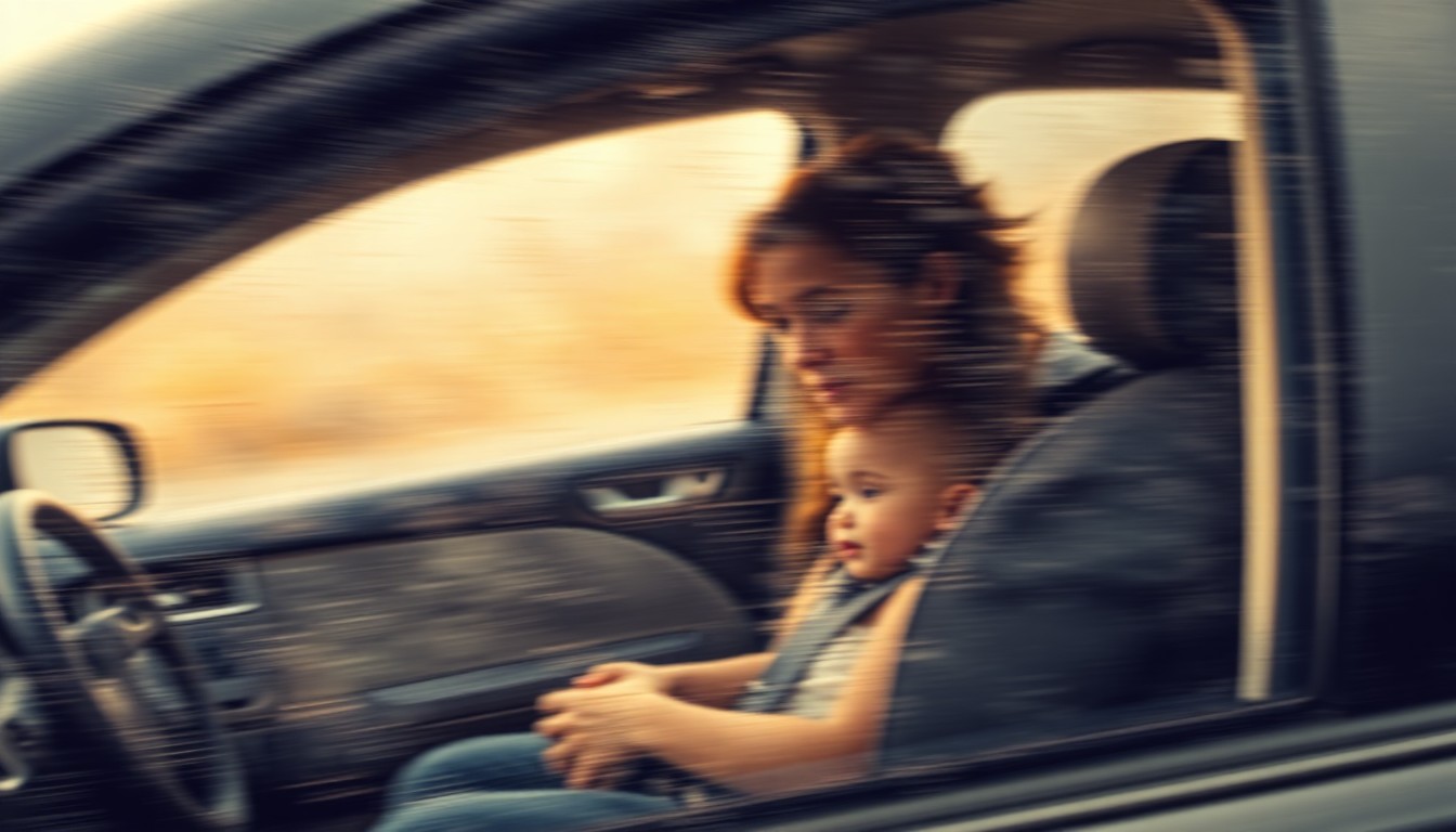 An abstract, soft-focused image of a parent securing a child into a car seat, with the scene blurred and washed in warm, hazy light, conveying the caring, protective nature of child safety.