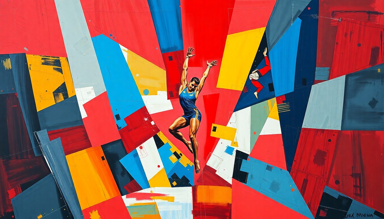 A fractured, geometric painting depicting a gymnast's performance, with sharp planes of color and overlapping perspectives capturing the energy and athleticism of the sport.