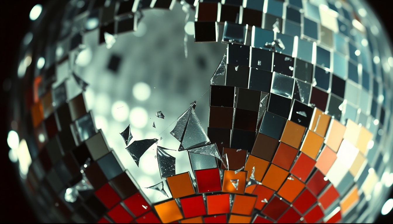 An abstract close-up photograph of shattered, reflective glass fragments in dramatic high-contrast lighting, conceptually representing the technical and casting flaws in the 'Focker In-Law' trailer.
