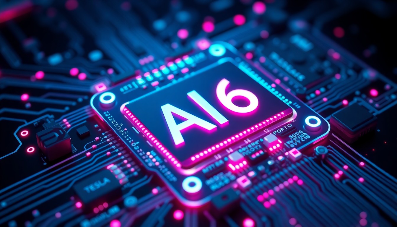 A highly detailed, glowing 3D macro illustration of Tesla's next-generation AI6 chip, with intricate circuitry and hardware components illuminated by neon cyan and magenta lights, conveying a sense of advanced, powerful technology central to the company's autonomous driving and robotics capabilities.