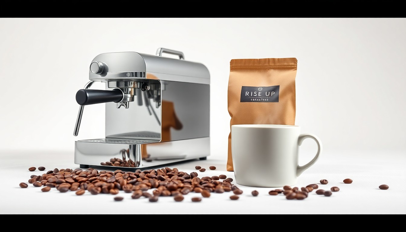 A high-end, photorealistic studio still-life photograph featuring a polished, stainless steel espresso machine, a bag of freshly roasted coffee beans, and a ceramic mug with steam rising from it, all arranged elegantly on a clean, white seamless background, conceptually representing the premium quality and craftsmanship of Rise Up Coffee Roasters' products.