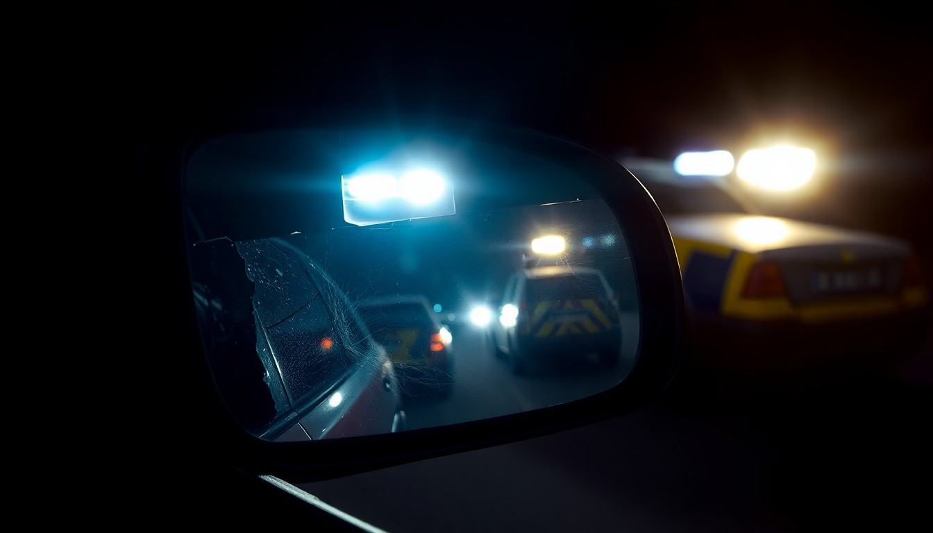 An extreme close-up photograph of a damaged car side mirror reflecting a blurry police vehicle in the background, creating a stark, gritty, investigative aesthetic.