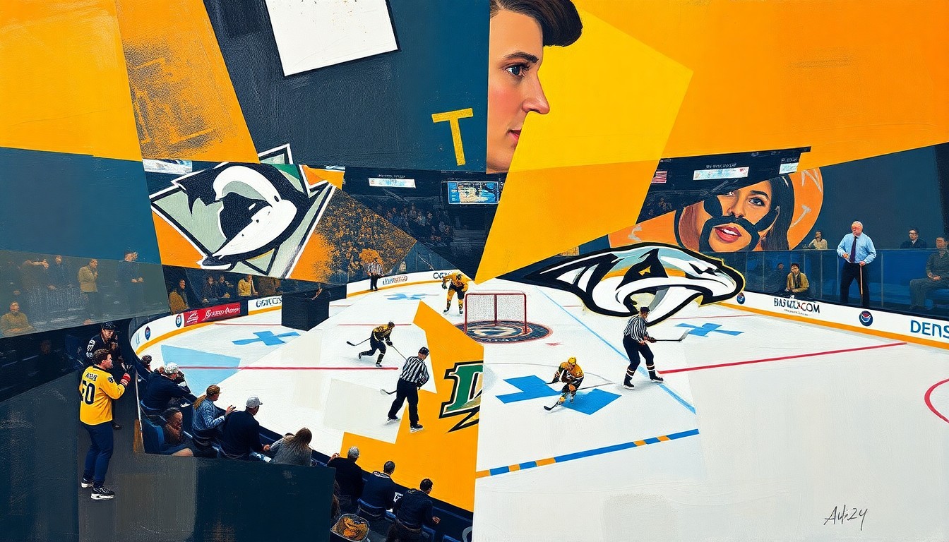 A vibrant, cubist-inspired illustration depicting the dynamic action of a hockey game, with players and the puck fragmented into geometric shapes and planes of color, conveying the high-stakes tension of the Ducks' playoff positioning battle.