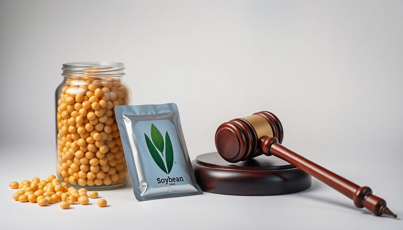 A photorealistic studio still life featuring a glass jar of soybeans, a metal soybean seed packet, and a wooden gavel, arranged elegantly on a clean, monochromatic background with dramatic lighting and shadows, conceptually representing the strategic decisions and policies shaping the soybean industry.