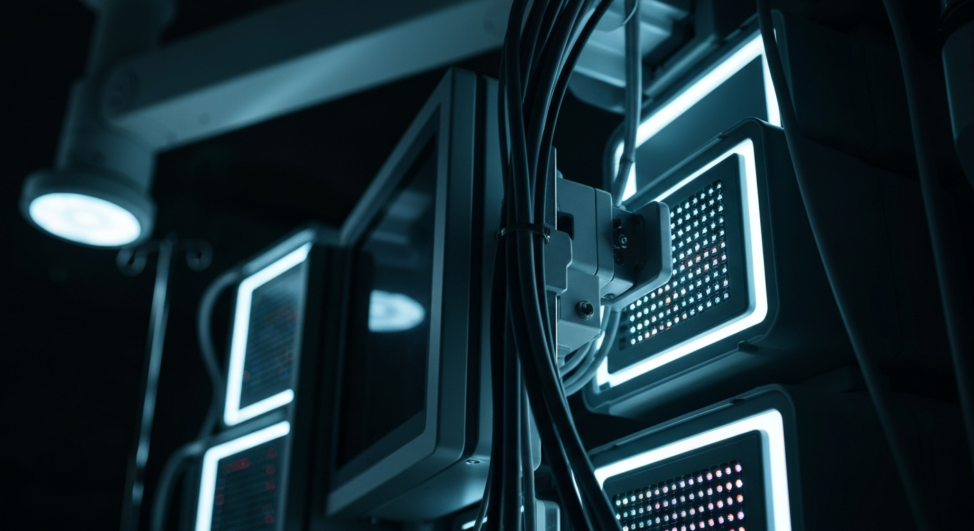 An extreme close-up of complex medical monitoring devices, their metallic components and circuits filling the frame, conveying the technical sophistication and industrial nature of the healthcare technology sector.