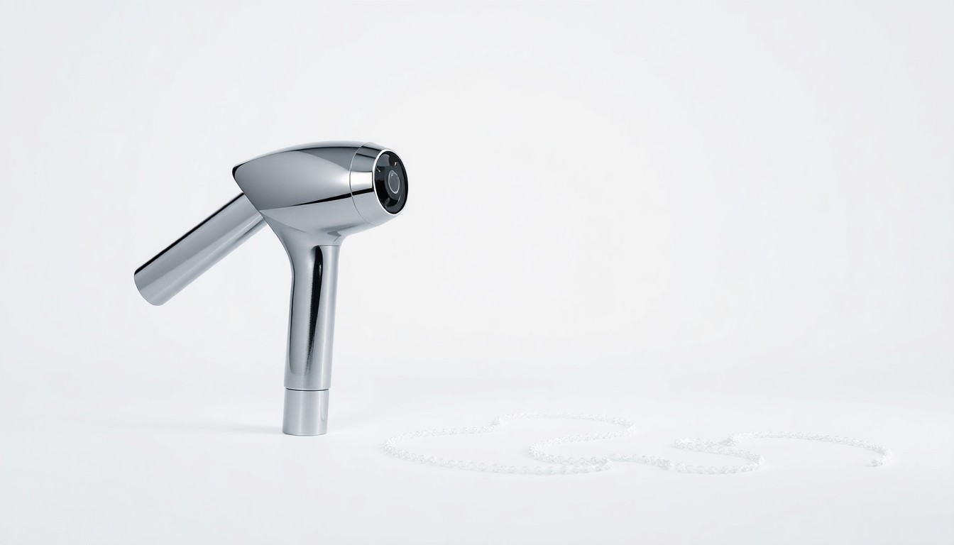 A photorealistic studio still-life photograph featuring a polished, chrome car wash nozzle and sprayer head arranged elegantly on a clean, white seamless background, conceptually representing the abstract corporate strategy and market trends in the car wash industry.