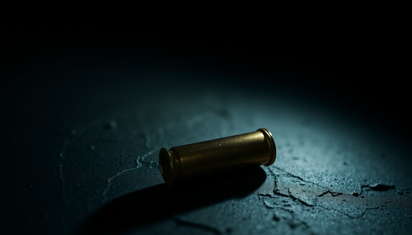 An extreme close-up of a single spent shell casing on a dark, textured surface, capturing the stark, gritty aftermath of a police-involved shooting incident.