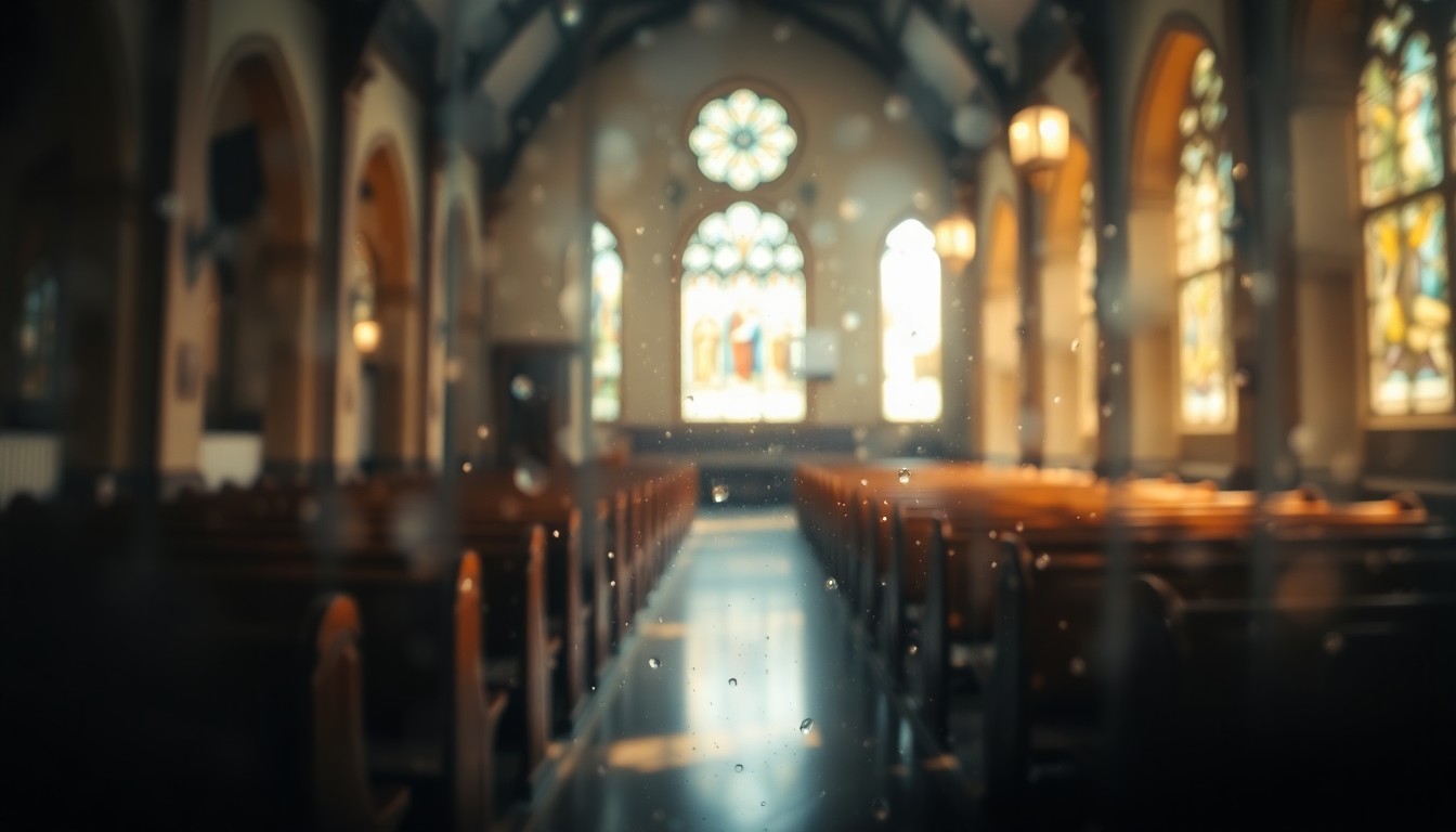 An abstract, impressionistic photograph of a dimly lit church interior, with blurred pews and stained glass windows visible through a hazy, rain-streaked lens, conveying a sense of reverence and remembrance.