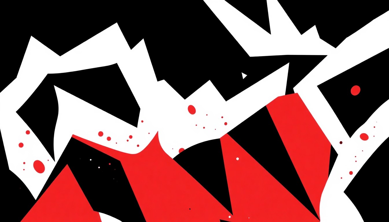 An abstract, minimalist illustration featuring bold, jagged shapes in black, white, and red, conveying the dynamic energy and diverse offerings of community events in Manassas Park.