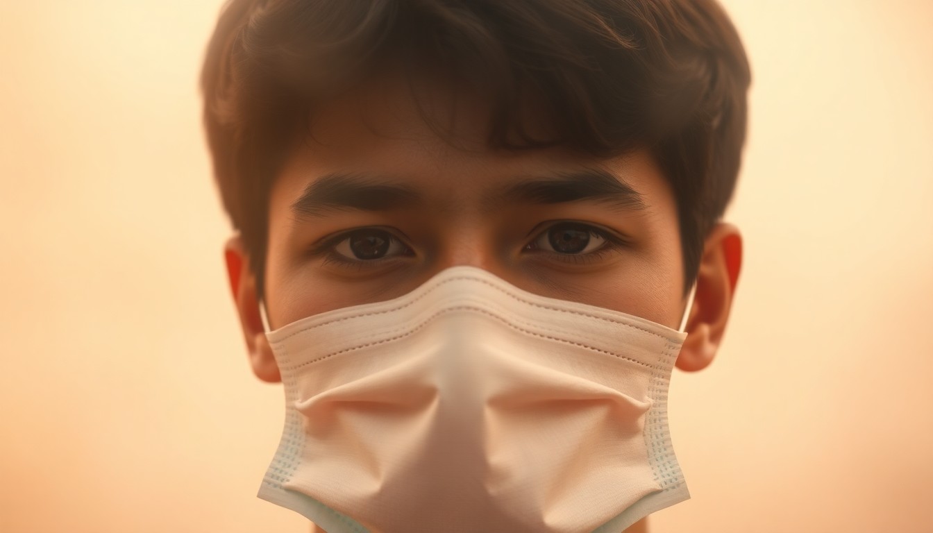 A blurred, dreamlike photograph of a young man's face partially obscured by a medical mask, conveying a sense of vulnerability and the struggle to maintain a public persona.