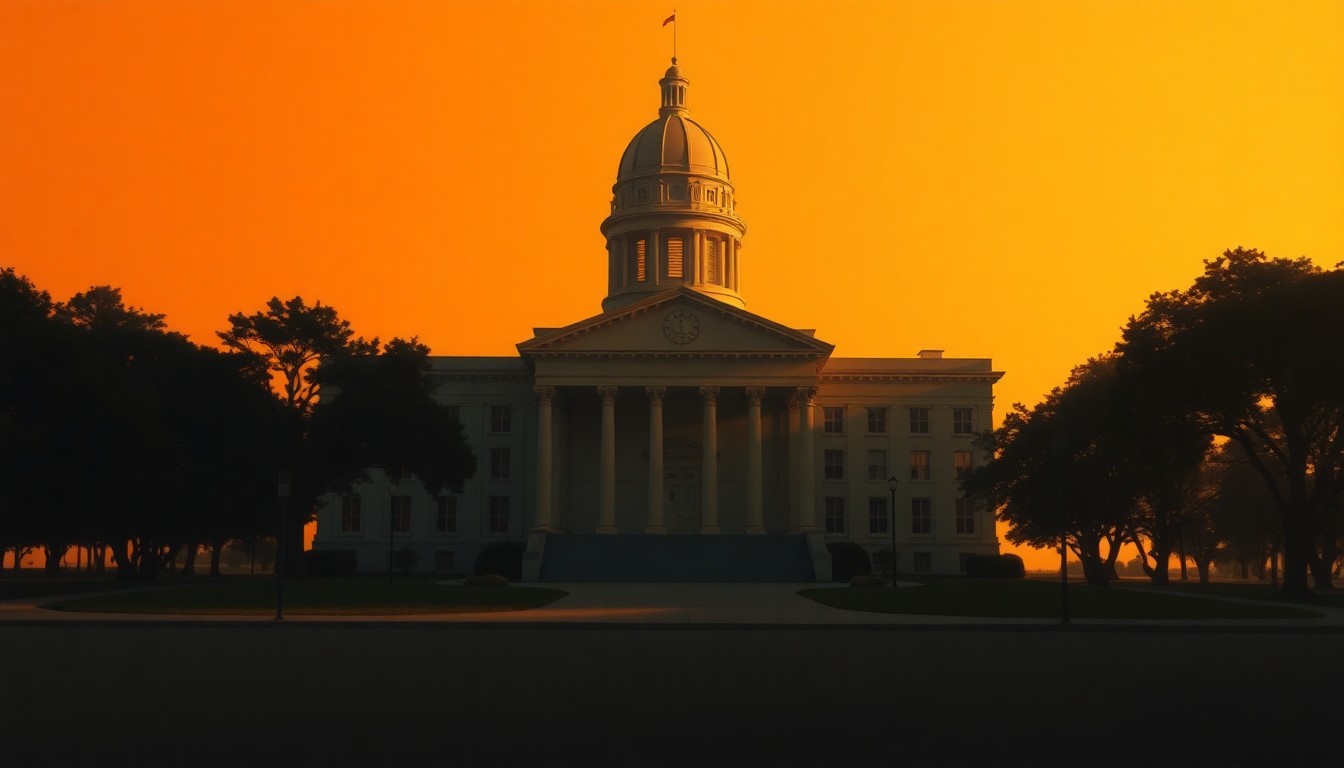 A serene, realistic painting of a stately government building in South Carolina, with warm sunlight casting long shadows across the facade, conceptually representing the passage of the state's new income tax relief legislation.