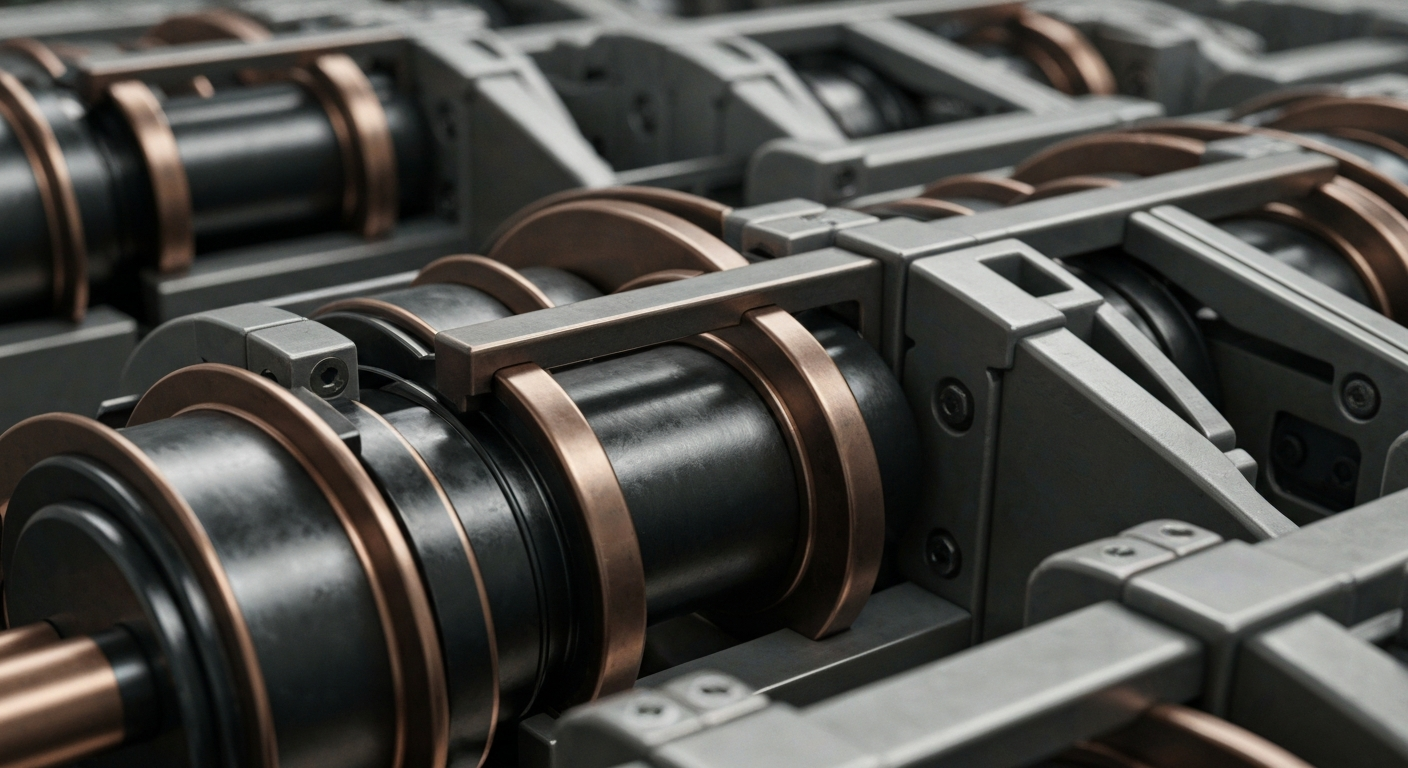 A highly detailed, cinematic close-up of heavy, industrial banking machinery and equipment in muted tones of steel grey, copper, and black, conceptually representing the secure infrastructure and institutional power of the financial sector.