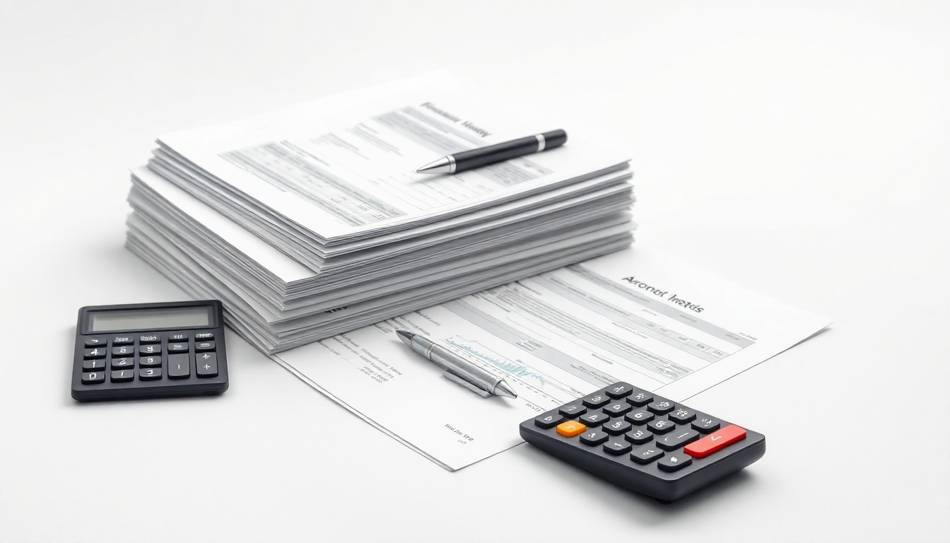A photorealistic studio still life featuring a stack of financial reports, a pen, and a calculator arranged on a clean, monochromatic background, symbolizing the abstract concepts of corporate strategy and investment decisions.