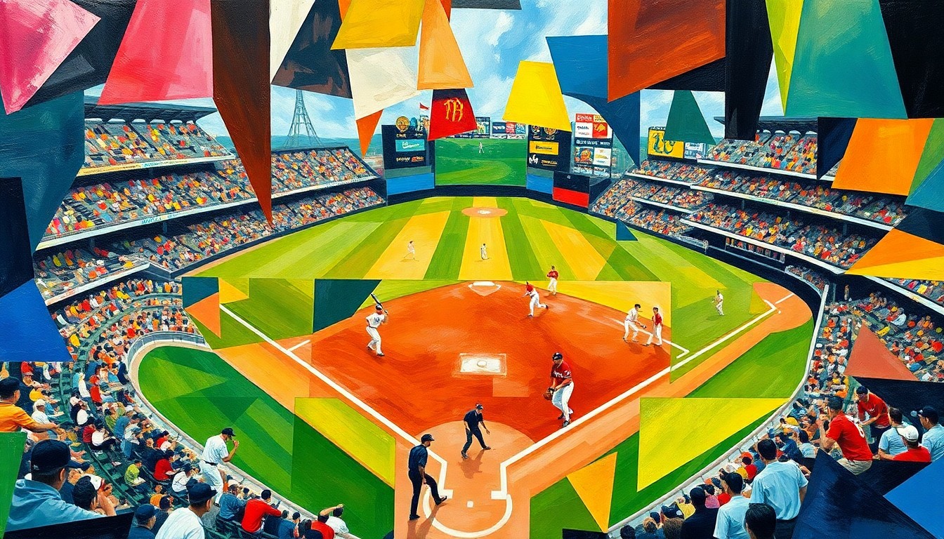 A cubist-style painting depicting a baseball game broken down into overlapping geometric shapes and planes of vibrant colors, capturing the dynamic energy of the Padres' recent walk-off victories.
