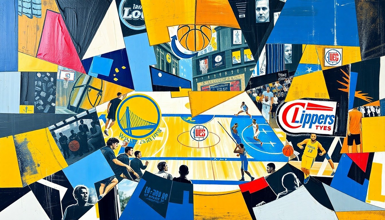 A cubist, geometric painting depicting a basketball game, with the players and court broken down into sharp, overlapping planes of blue, gold, red, and white, capturing the intensity and strategic nature of the matchup between the Warriors and Clippers.