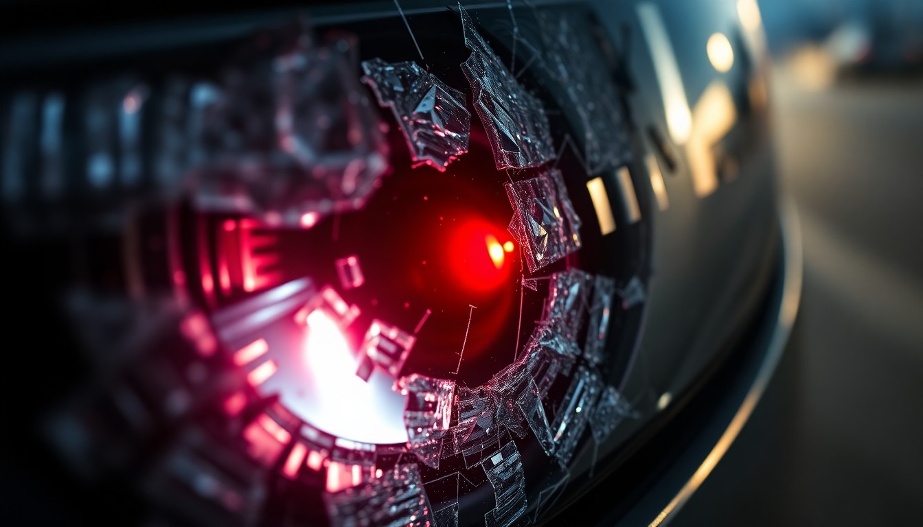 An extreme close-up photograph of a shattered car sensor lens reflecting a faint red light, conceptually illustrating the aftermath of a pedestrian collision with a vehicle.