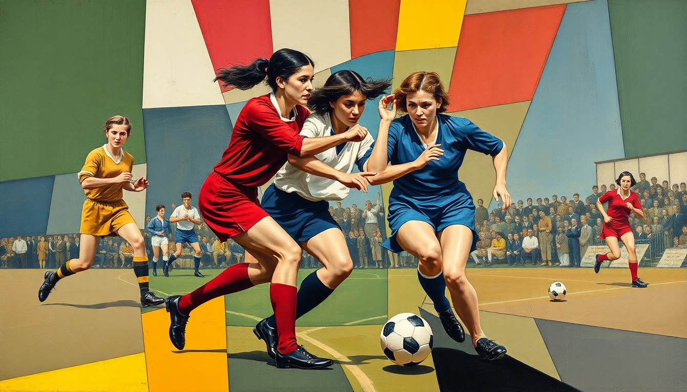 A fractured, multi-perspective painting depicting the dynamic movements of a historic women's football match, with the players' forms deconstructed into sharp, overlapping geometric planes of color.