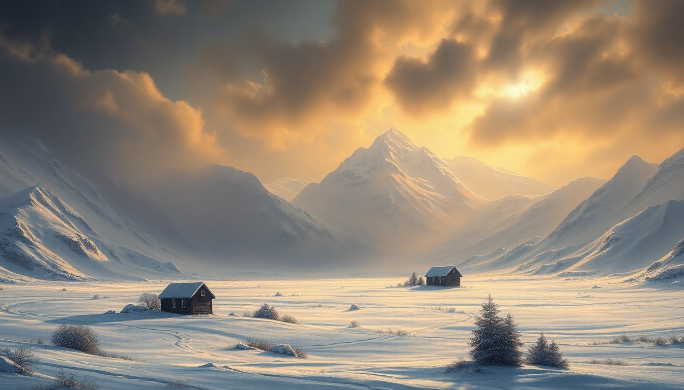 A vast, majestic landscape painting in muted tones of blue, white, and grey, depicting a frozen, icy wilderness under dramatic lighting. The scene conveys the overwhelming, sublime power of nature, with any physical structures or objects obscured by the atmospheric conditions.