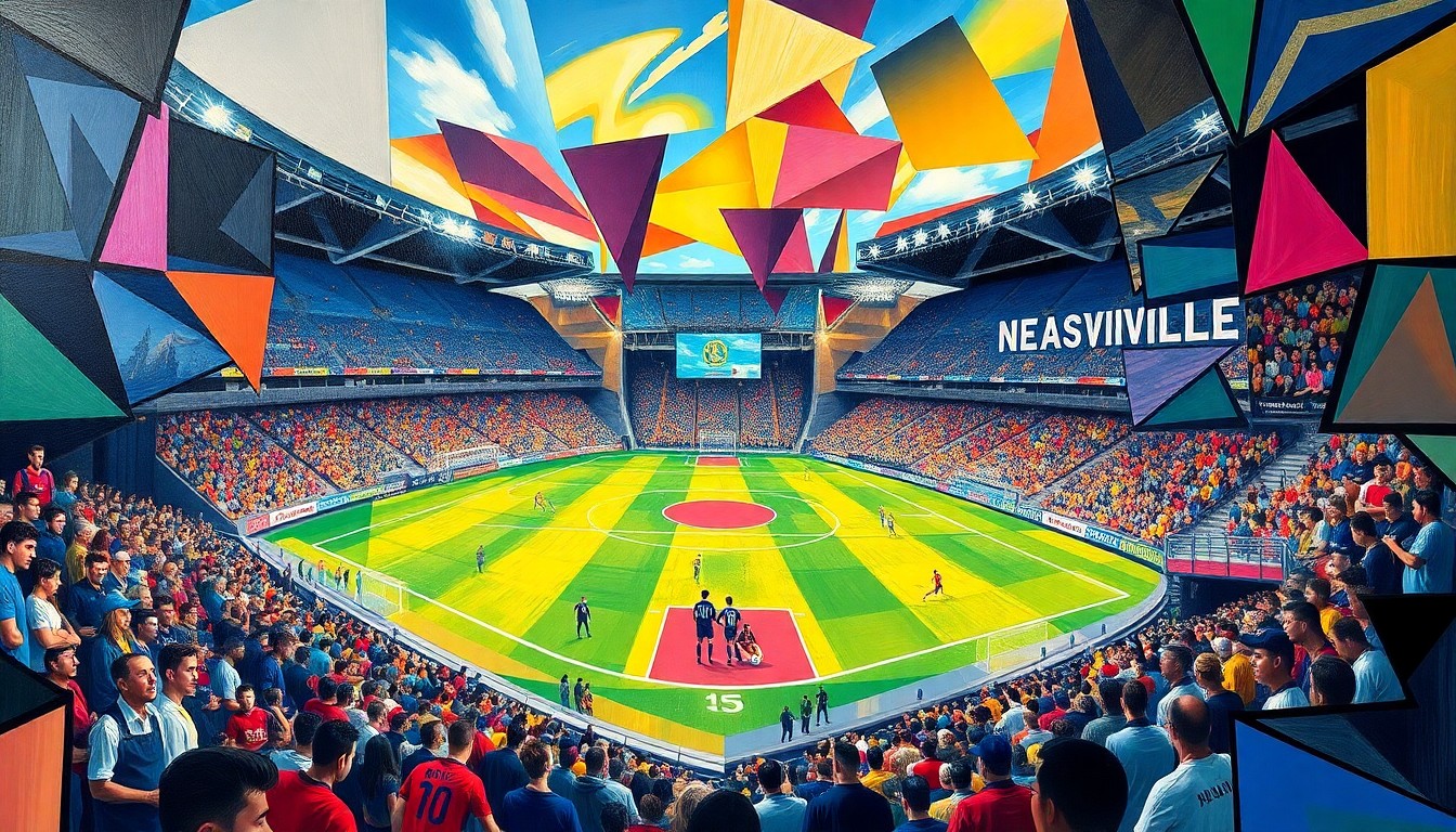 A cubist, geometric illustration depicting the action of a soccer match between Nashville SC and Club America, with the players and stadium environment fragmented into sharp, overlapping shapes and planes of color.
