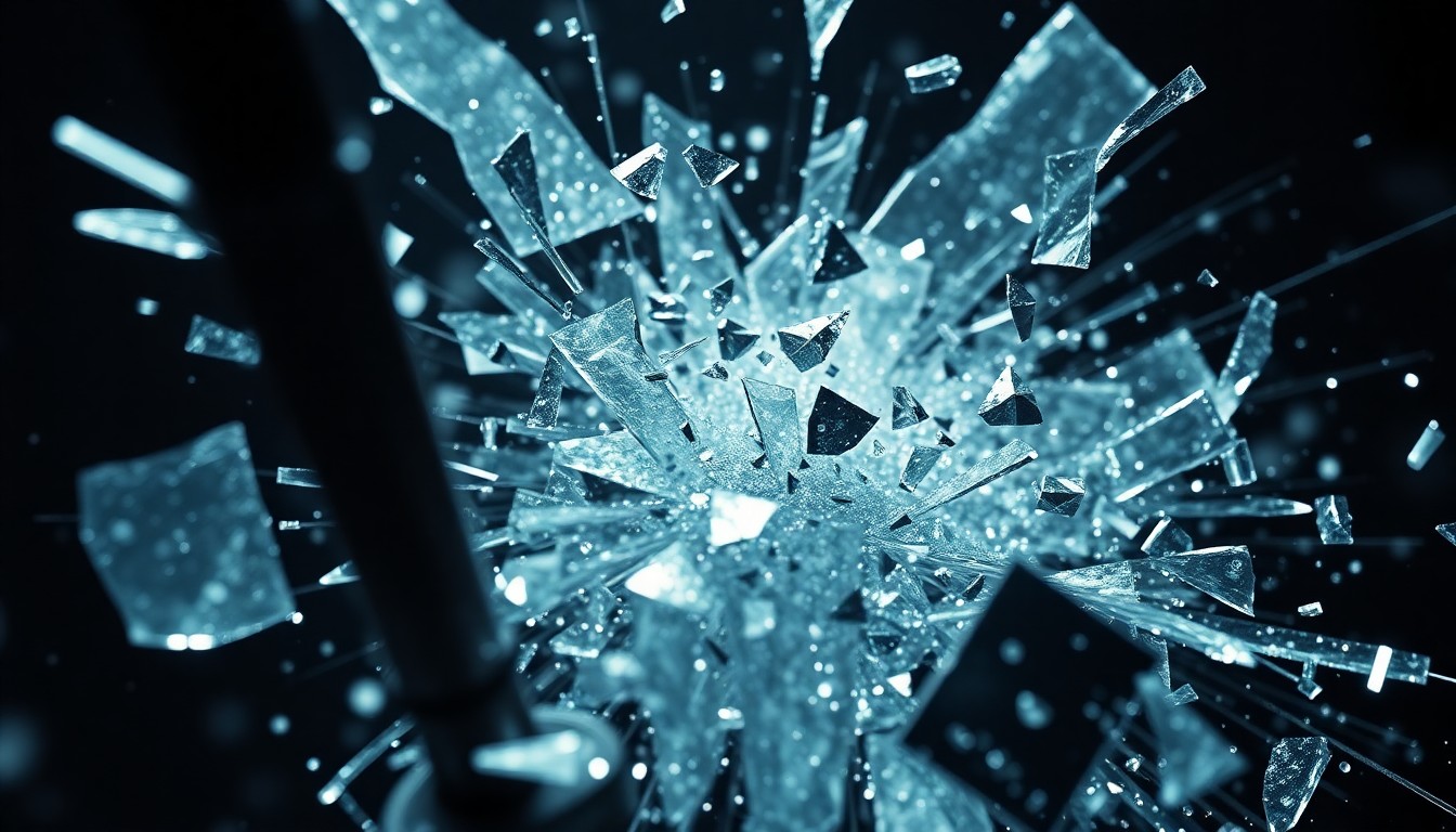 An abstract close-up photograph featuring shards of shattered glass and glittering metal fragments, capturing the intense, high-stakes clash of immortal warriors in the Highlander reboot.